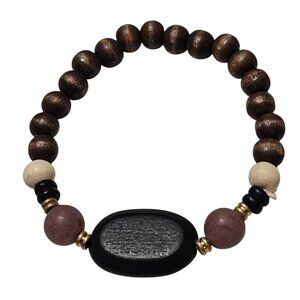 Boho Wood Bead Stretch Bracelet Natural Stone Accents Nature Fashion Jewelry
